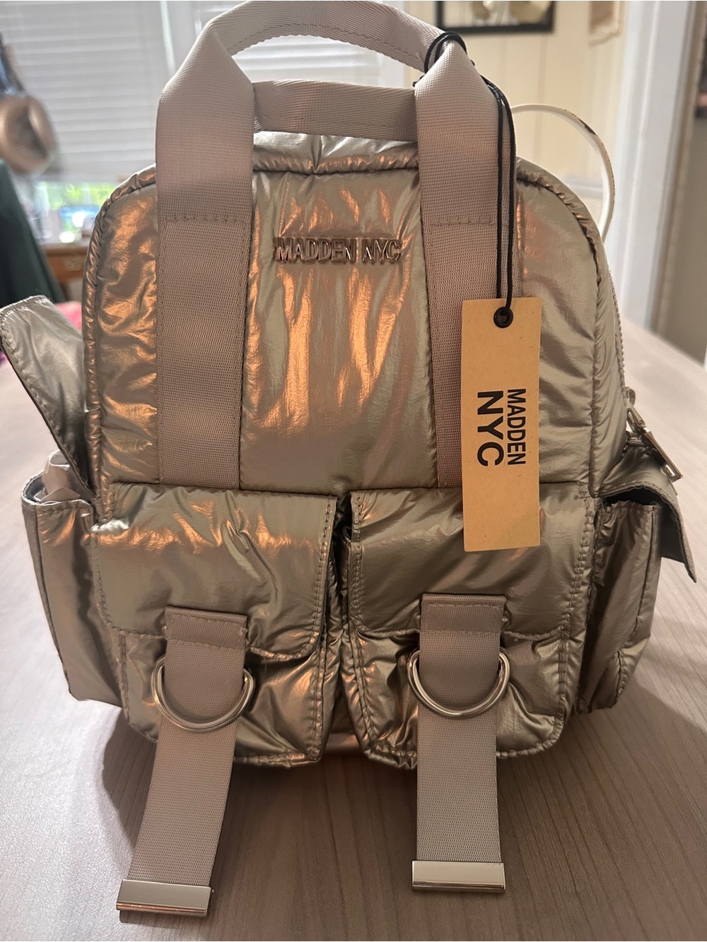 Steve Madden Metallic Silver Puffer Mini Backpack